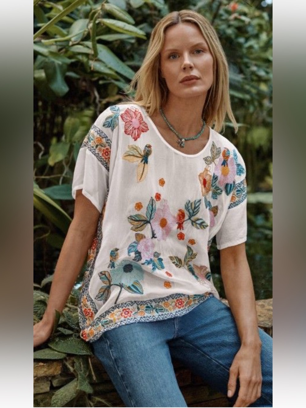Johnny was mariafe Embroidered Floral White Women's Top
